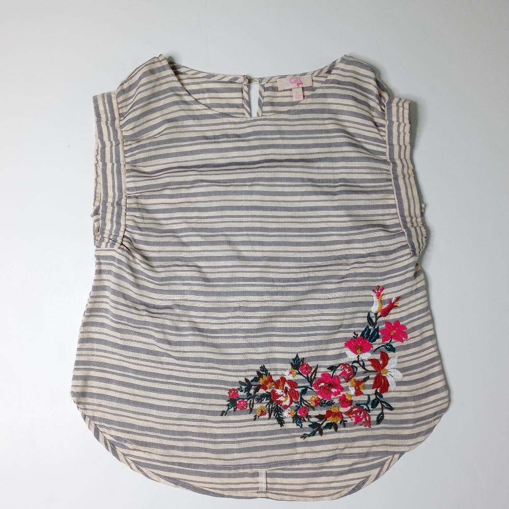 GB Girls Grey/Cream Striped Embroidered Top Size L